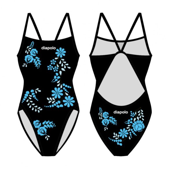 Női vastag pántos úszódressz-Traditional Hímzett-2-fekete/kék
